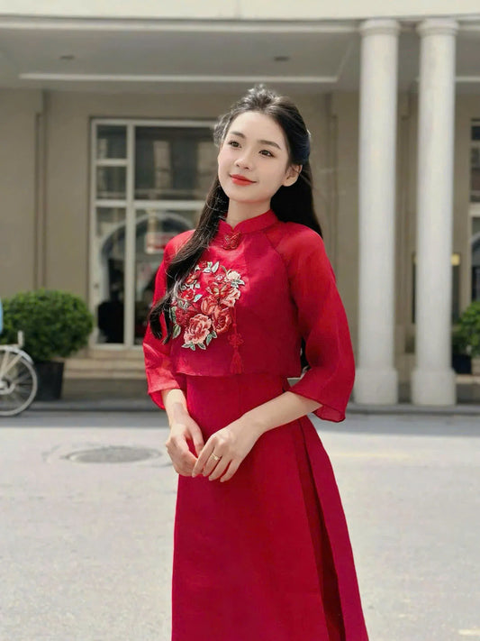 Red Cap Shoulder with 3D Floral Ao Dai Set - Modern Ao Dai