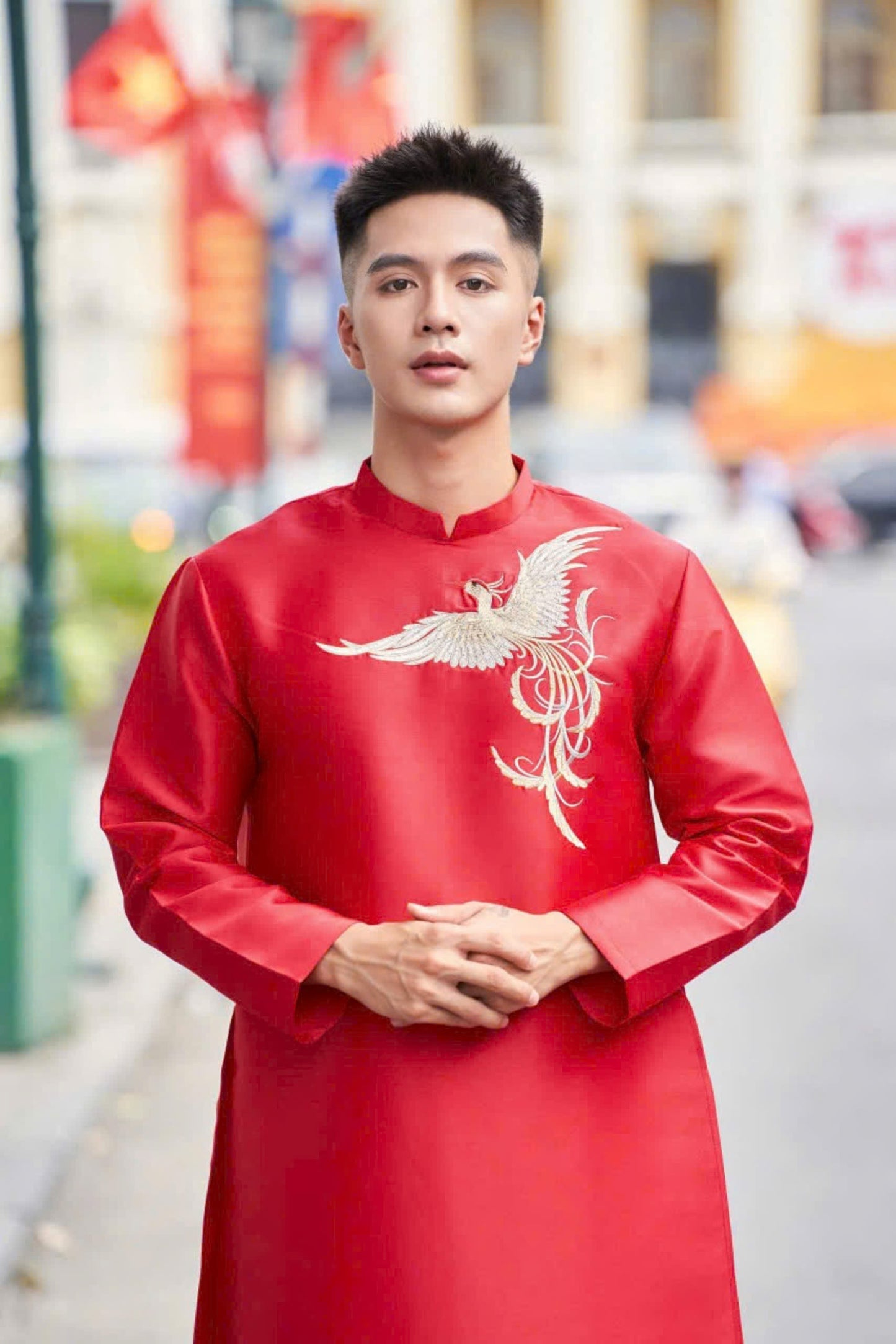 Red Taffeta Ao Dai Men - Phoenix Embroidery Ao Dai Boy's