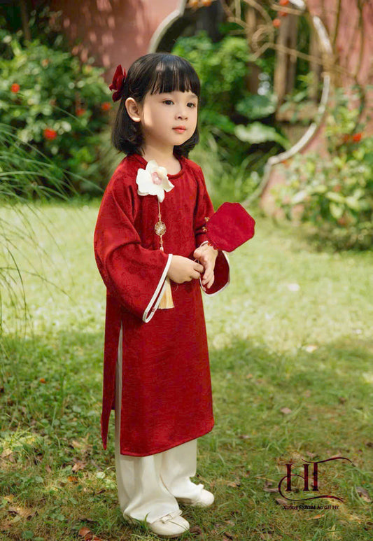 Red Silk Girl's Ao Dai Set - Ao Dai For Daughter - Vietnamese Ao Dai