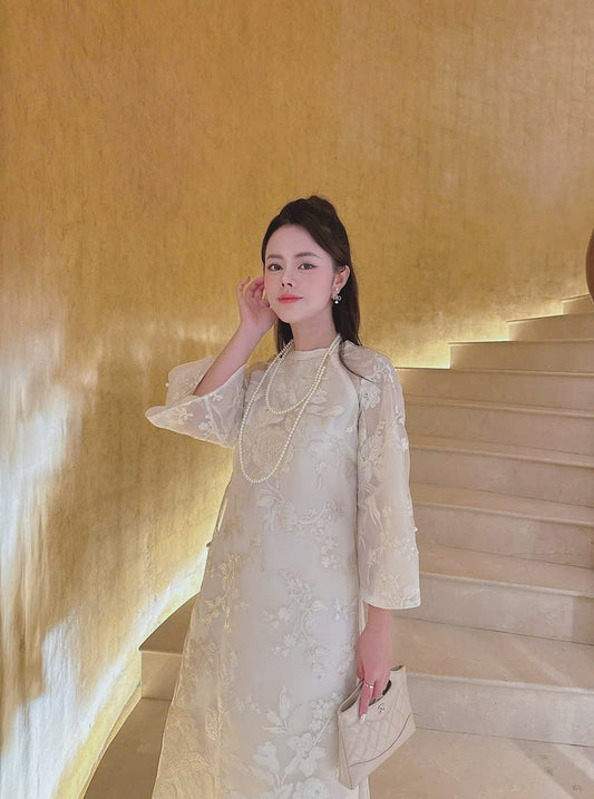 Cream Vietnamese Ao Dai with Floral embroidery Lace | Modern Vietnamese Ao Dai