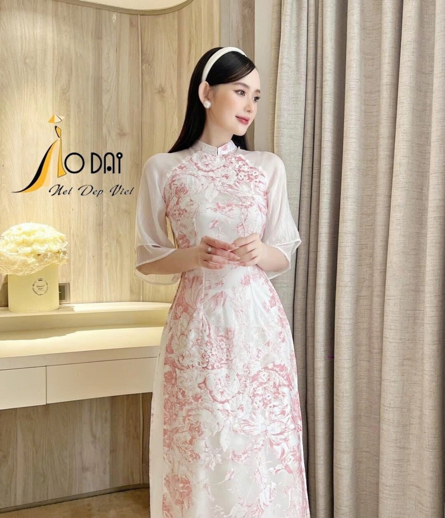 White\Pink Double Layer Sleeves Ao Dai Modern | Printed Floral Ao Dai Set