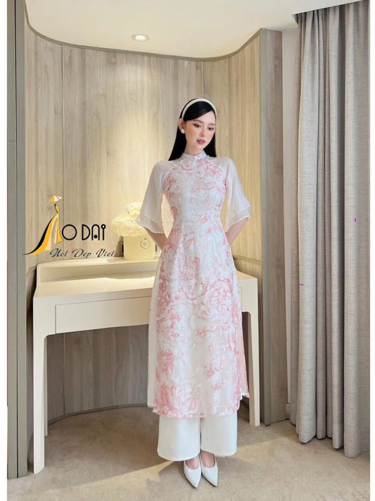 White\Pink Double Layer Sleeves Ao Dai Modern | Printed Floral Ao Dai Set