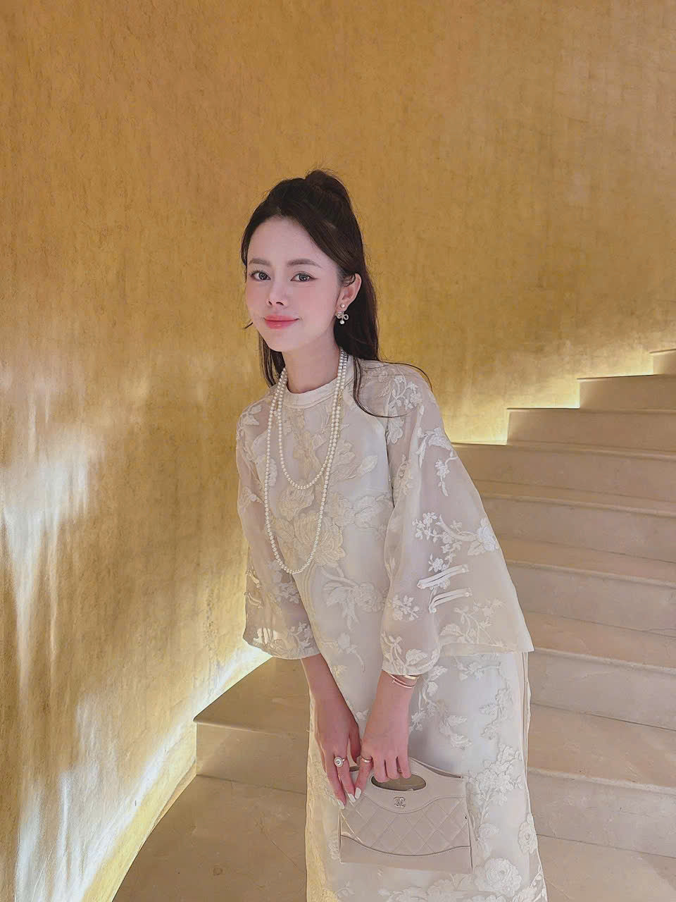 Cream Vietnamese Ao Dai with Floral embroidery Lace | Modern Vietnamese Ao Dai