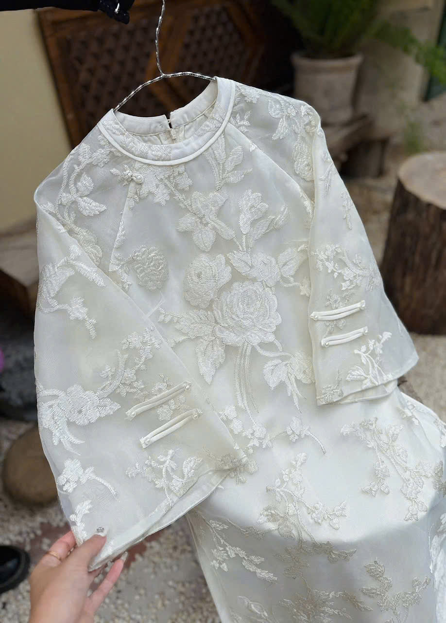 Cream Vietnamese Ao Dai with Floral embroidery Lace | Modern Vietnamese Ao Dai