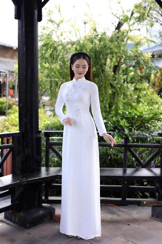 Vietnamese Traditional Ao Dai Dress - White Chiffon Silk With 3D Floral Embroidered