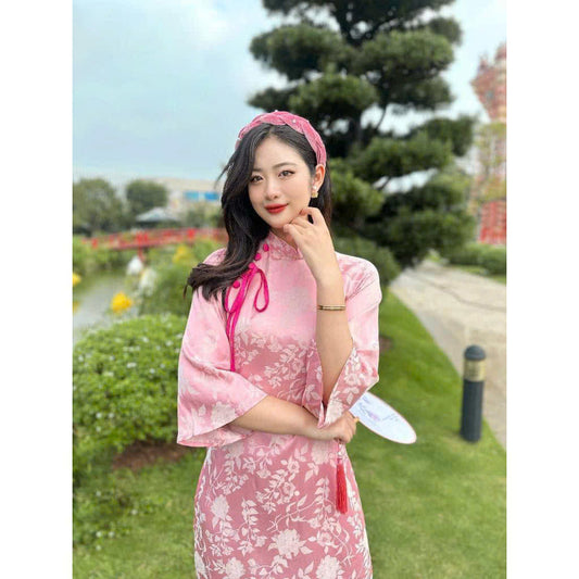 Floral Pattern Pink Ao Dai | Pre-made Vietnamese Ao Dai For Women
