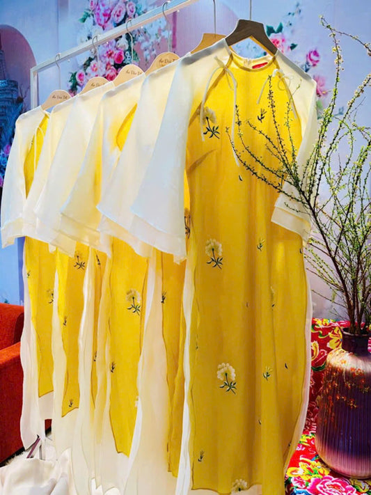 THANH Ao Dai | Yellow Daisy Floral Ao Dai Set