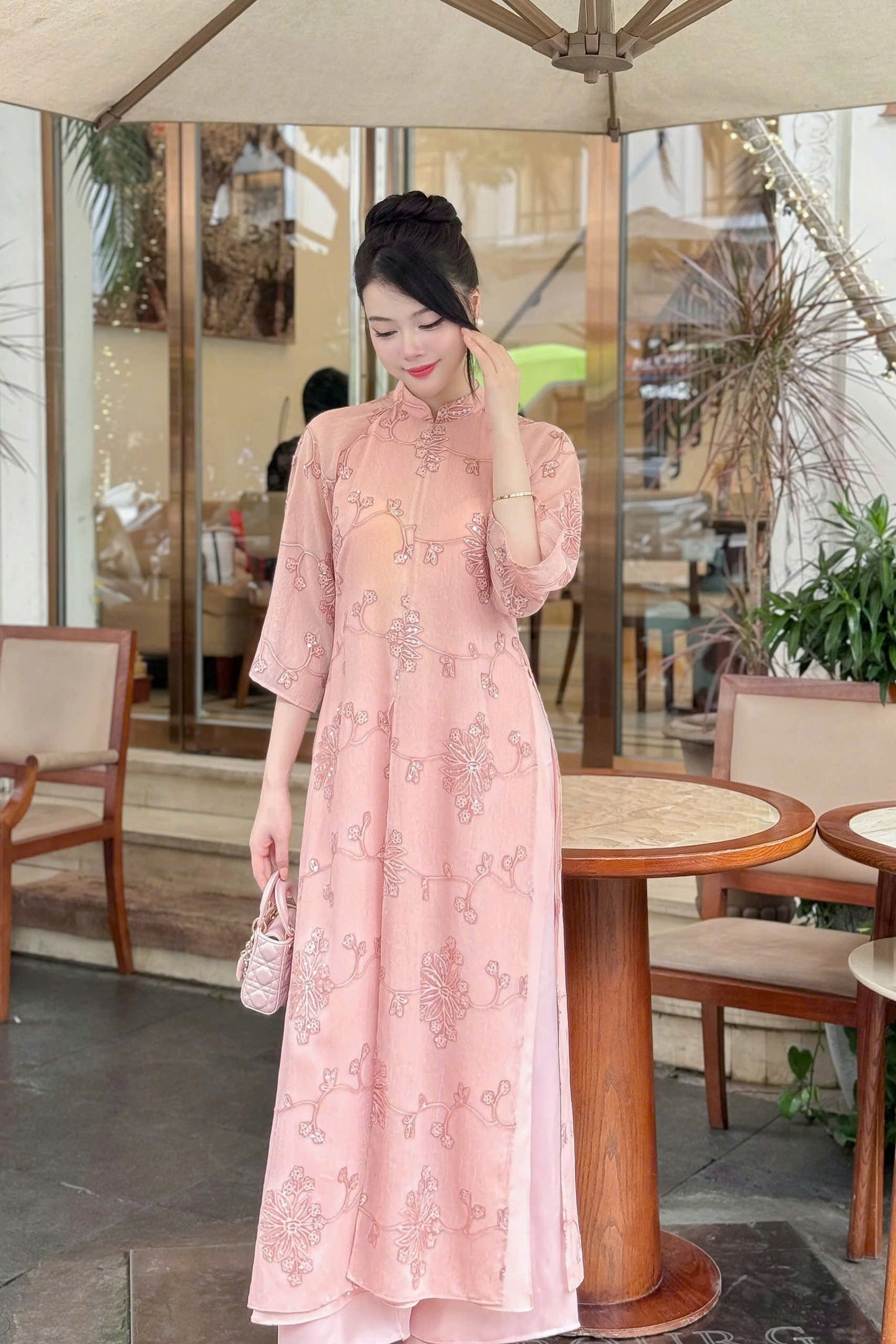 Elegant Pink Ao Dai Dress | Vietnamese Traditional Dress for Women | Lace Floral Embroidery | Wedding Engagement Tet Outfit