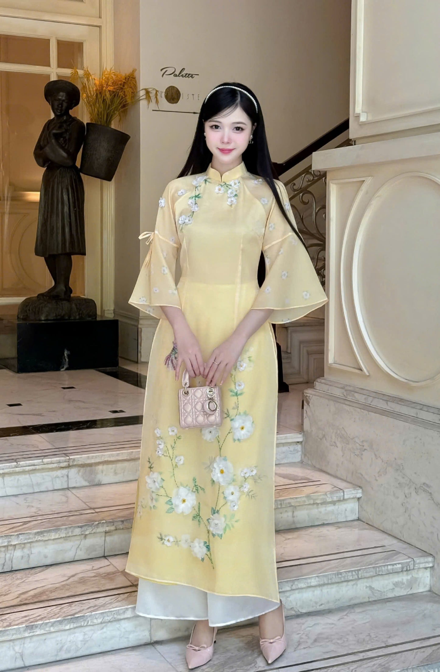 Pastel Yellow Beaded Ao Dai Modern - Áo Dài Cách Tân