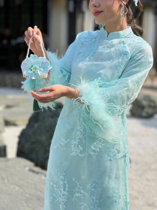 Luxury Mint Feather Ao Dai | Modern Ao Dai Dress - NO Pant