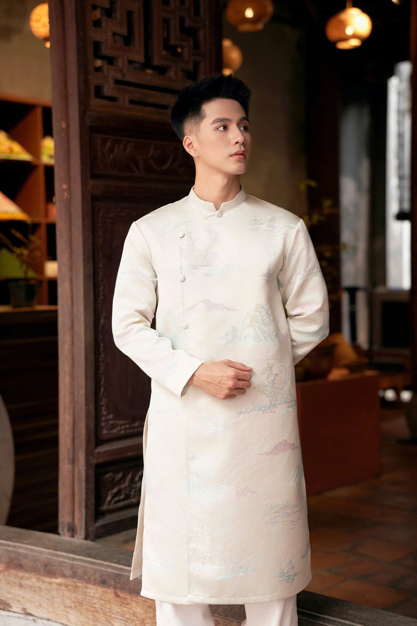 Mountain Hidden Ao Dai For Men - Cream Gam Ao Dai Men