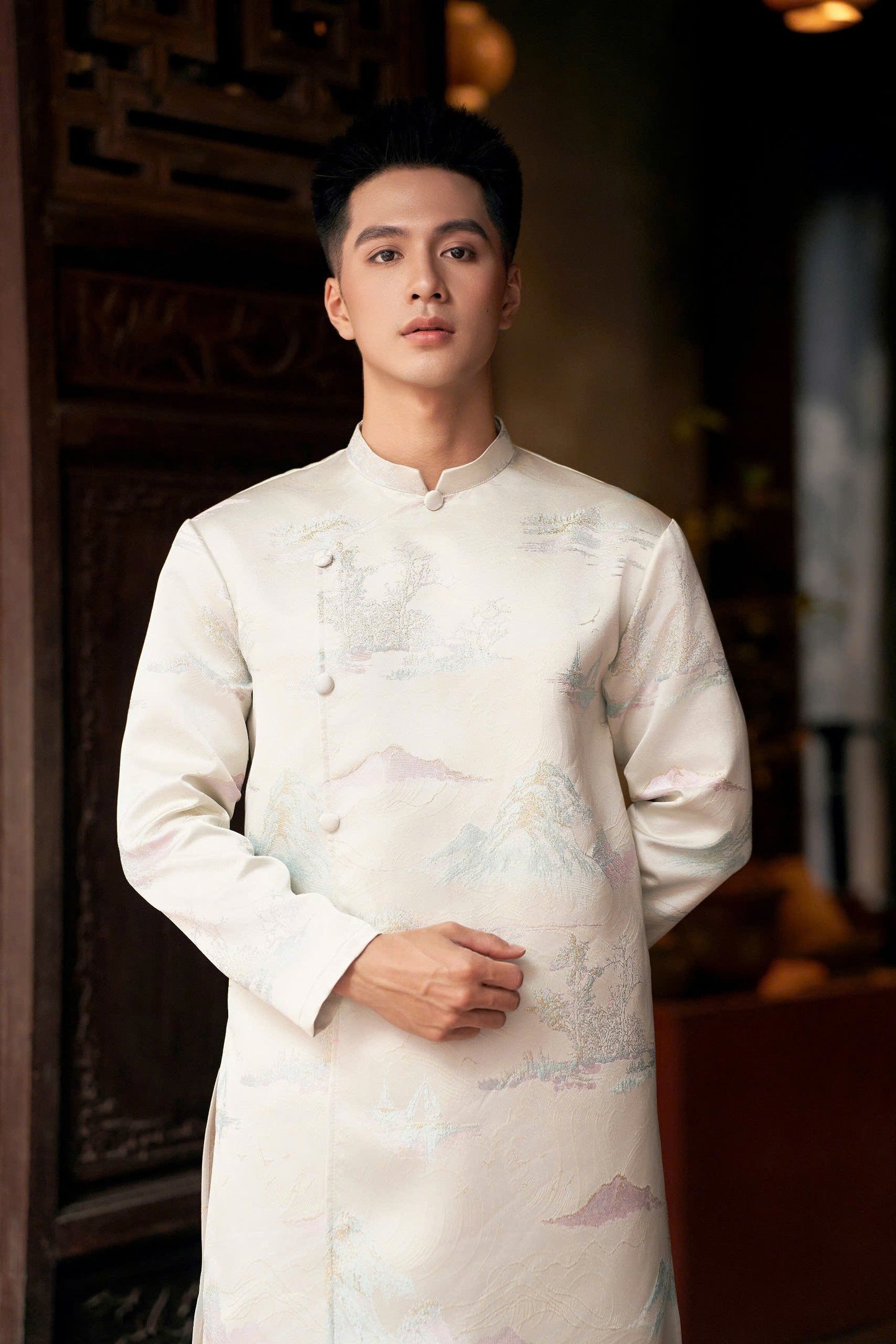 Mountain Hidden Ao Dai For Men - Cream Gam Ao Dai Men