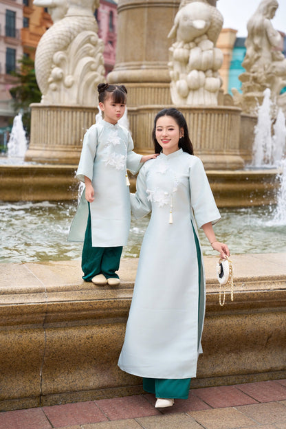 Baby Blue 3D Floral Ao Dai with Green pants | Matching ao dai for Mother Daughter