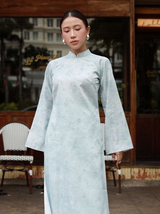 Light Blue Flower Ao Dai - Women Ao Dai - Cyan Pants - Modern Ao Dai Set