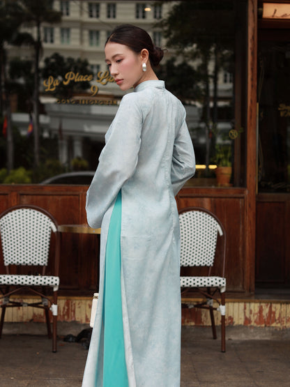 Light Blue Flower Ao Dai - Women Ao Dai - Cyan Pants - Modern Ao Dai Set