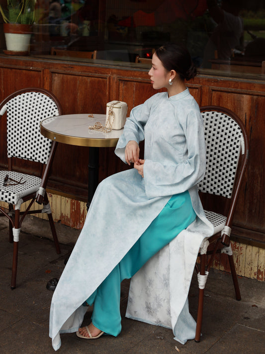 Light Blue Flower Ao Dai - Women Ao Dai - Cyan Pants - Modern Ao Dai Set