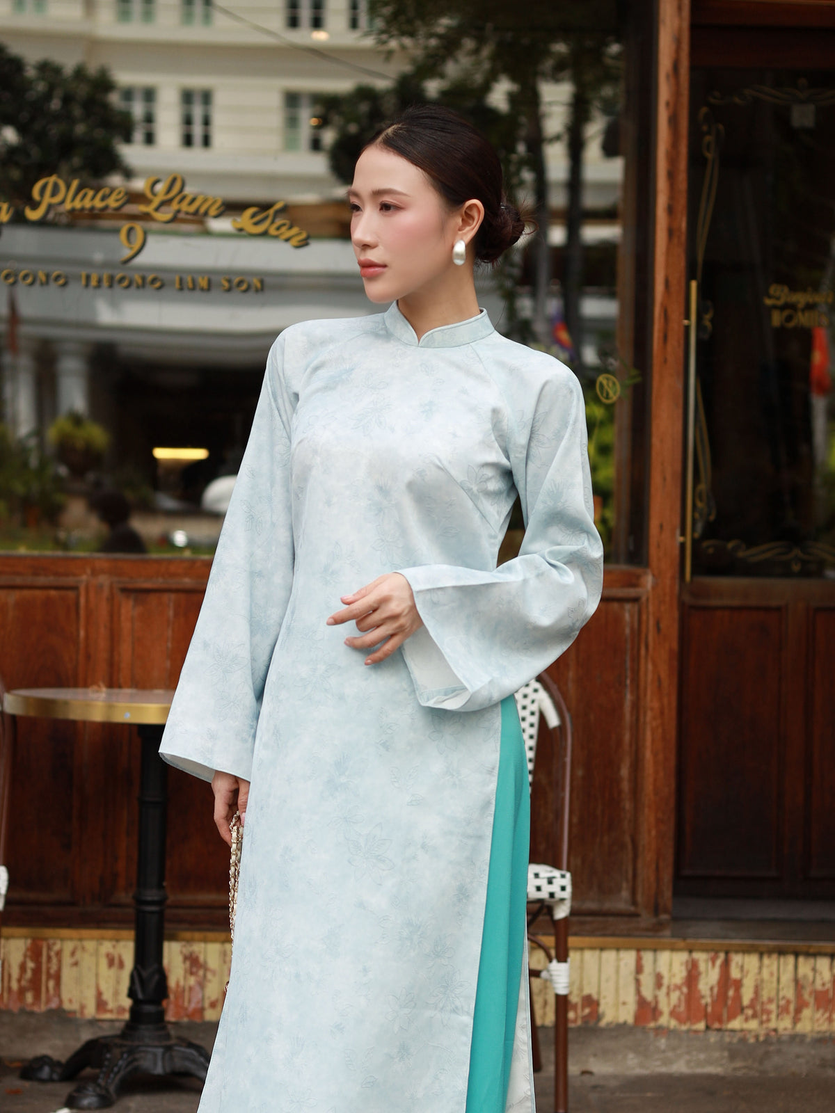 Light Blue Flower Ao Dai - Women Ao Dai - Cyan Pants - Modern Ao Dai Set