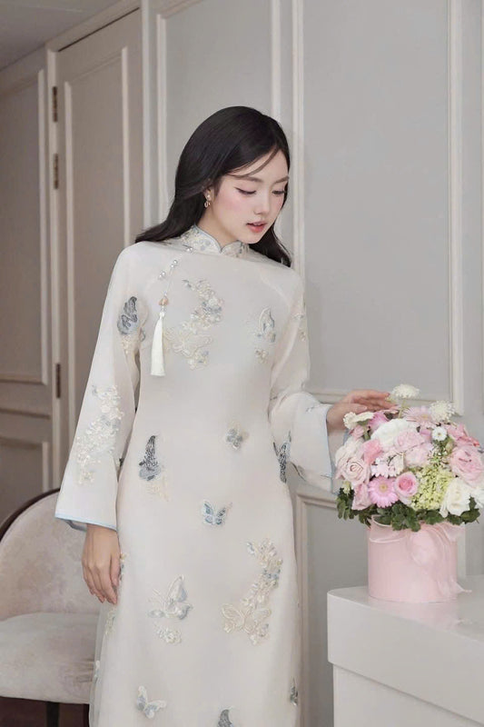 THUC SAN White Ao Dai with Butterflies Embroidery  | Vietnamese ao dai for women