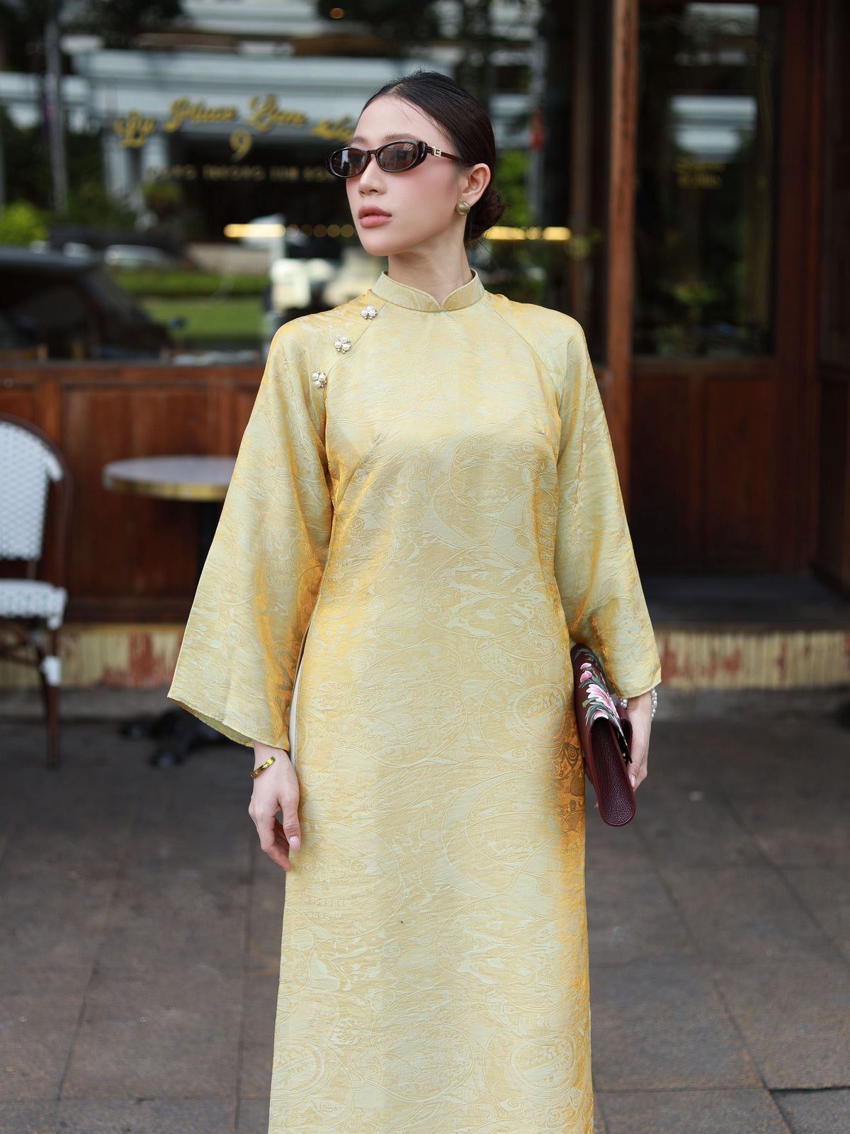 Sage Green\Gold Tencel Ao Dai For Women - Ao Dai Vietnamese - Ao Dai with Pants - Losing Waist