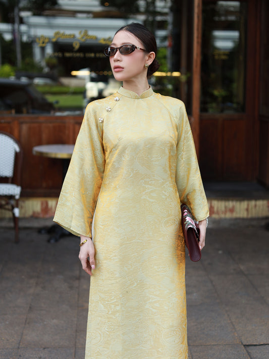 Sage Green\Gold Tencel Ao Dai For Women - Ao Dai Vietnamese - Ao Dai with Pants - Losing Waist