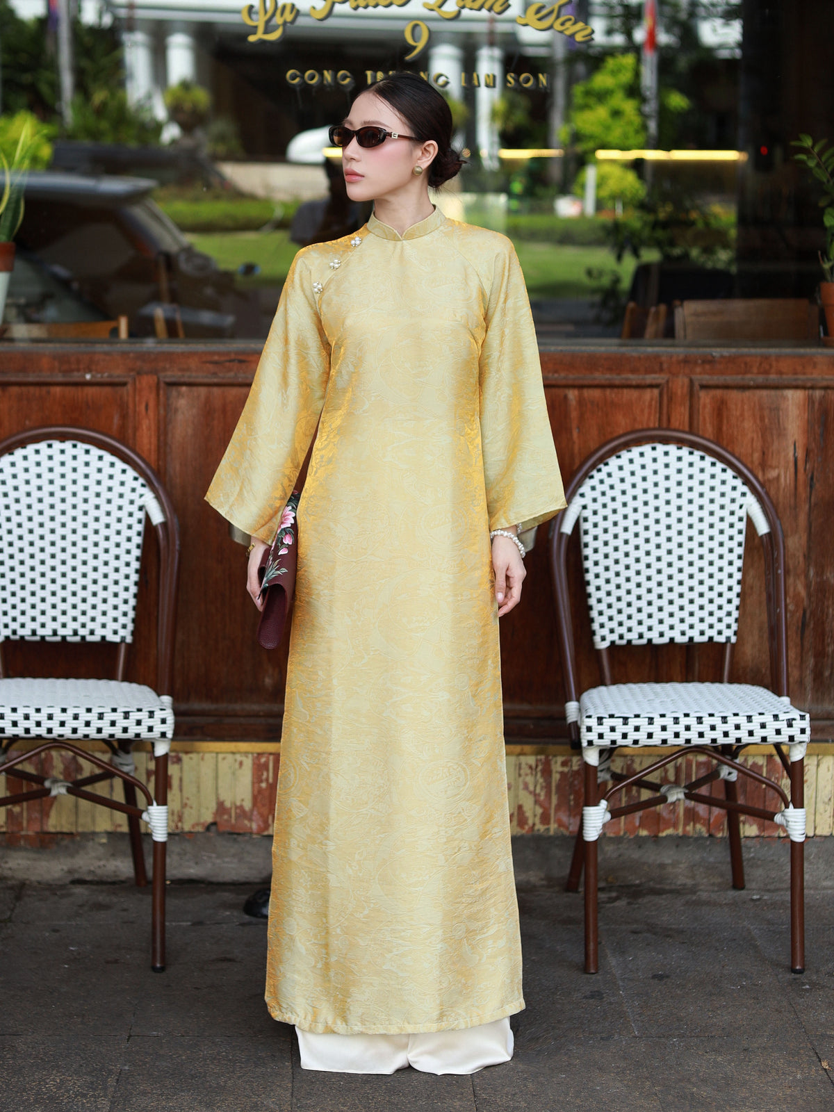 Sage Green\Gold Tencel Ao Dai For Women - Ao Dai Vietnamese - Ao Dai with Pants - Losing Waist