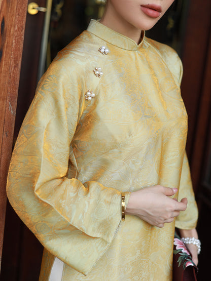 Sage Green\Gold Tencel Ao Dai For Women - Ao Dai Vietnamese - Ao Dai with Pants - Losing Waist