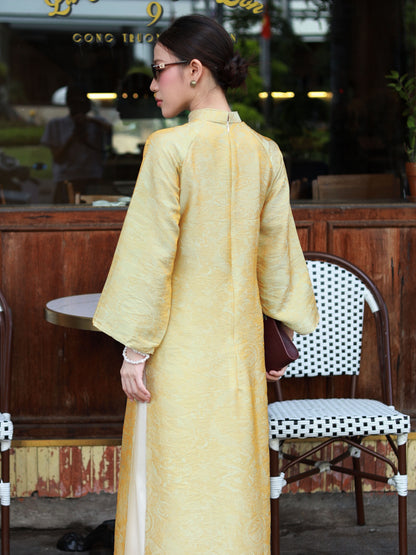 Sage Green\Gold Tencel Ao Dai For Women - Ao Dai Vietnamese - Ao Dai with Pants - Losing Waist
