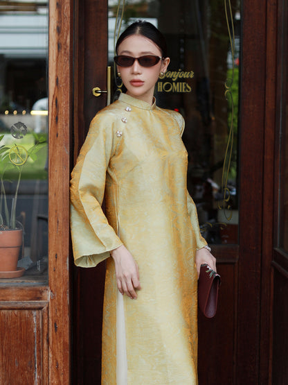 Sage Green\Gold Tencel Ao Dai For Women - Ao Dai Vietnamese - Ao Dai with Pants - Losing Waist