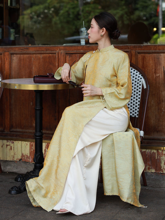 Sage Green\Gold Tencel Ao Dai For Women - Ao Dai Vietnamese - Ao Dai with Pants - Losing Waist