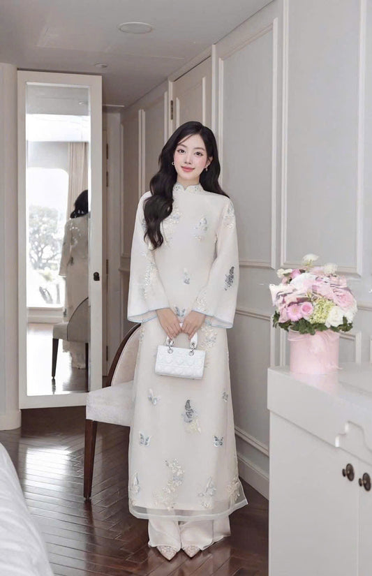 THUC SAN White Ao Dai with Butterflies Embroidery  | Vietnamese ao dai for women