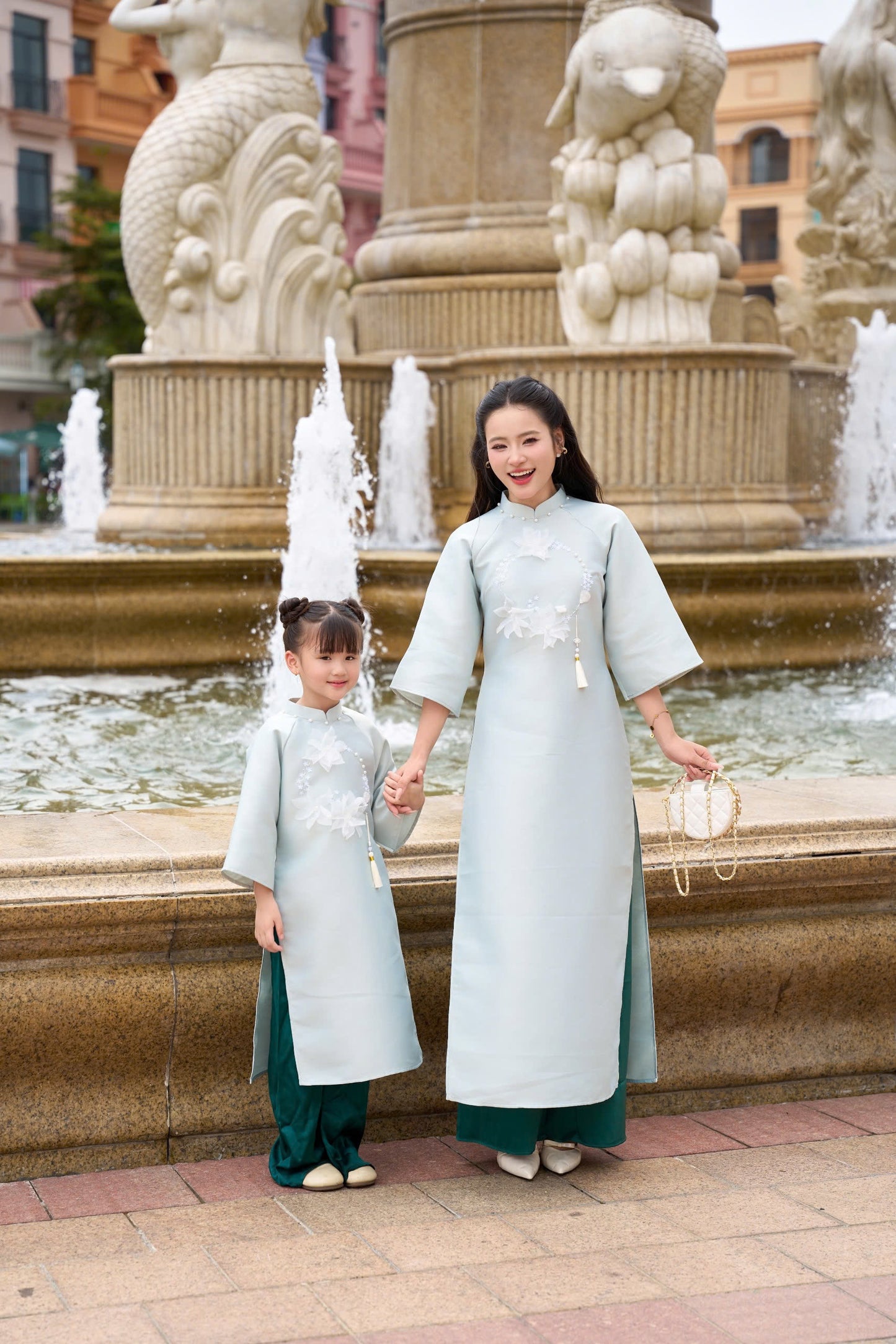 Baby Blue 3D Floral Ao Dai with Green pants | Matching ao dai for Mother Daughter