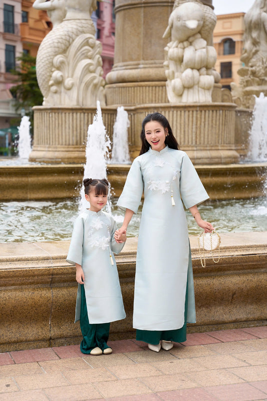 Baby Blue 3D Floral Ao Dai with Green pants | Matching ao dai for Mother Daughter