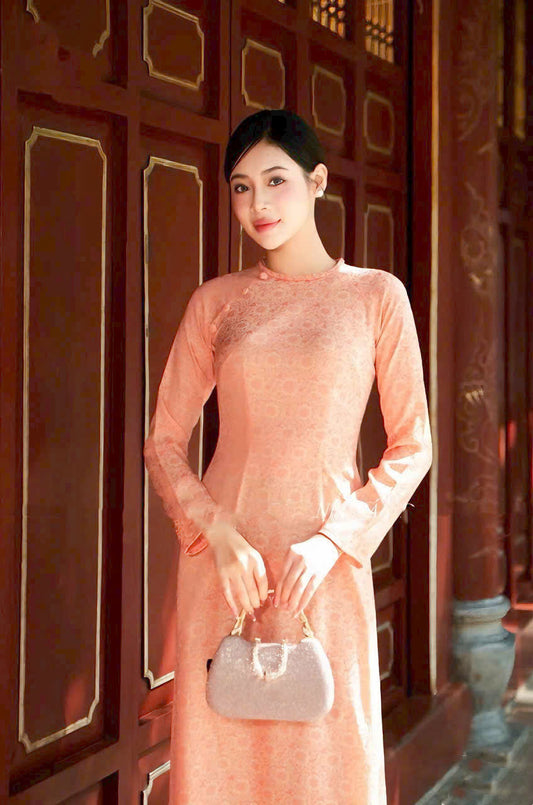 Orange Button Ao Dai Gam - Gấm Đại Đoá | Ao Dai Truyen Thong