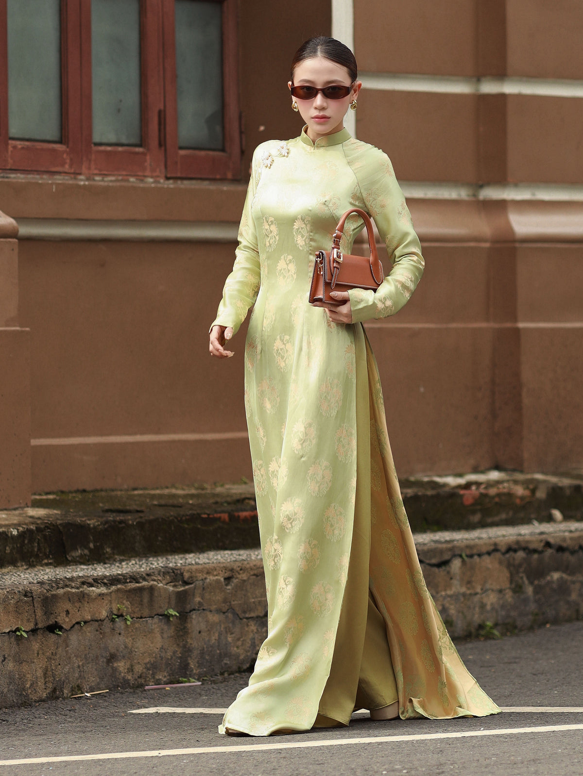 Sage Green Gam Silk Ao Dai Set - Traditional Vietnamese Dress - Lunar New Year