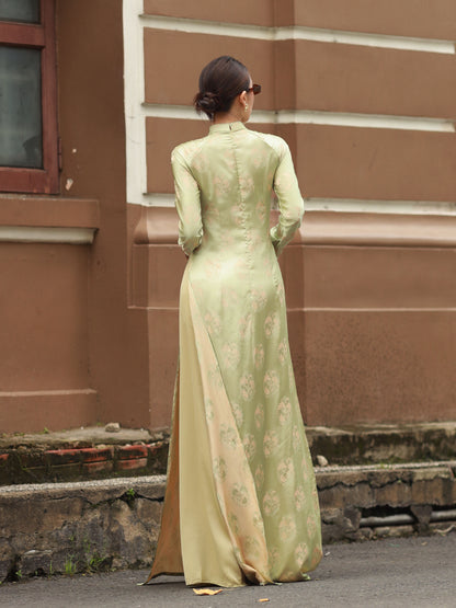 Sage Green Gam Silk Ao Dai Set - Traditional Vietnamese Dress - Lunar New Year