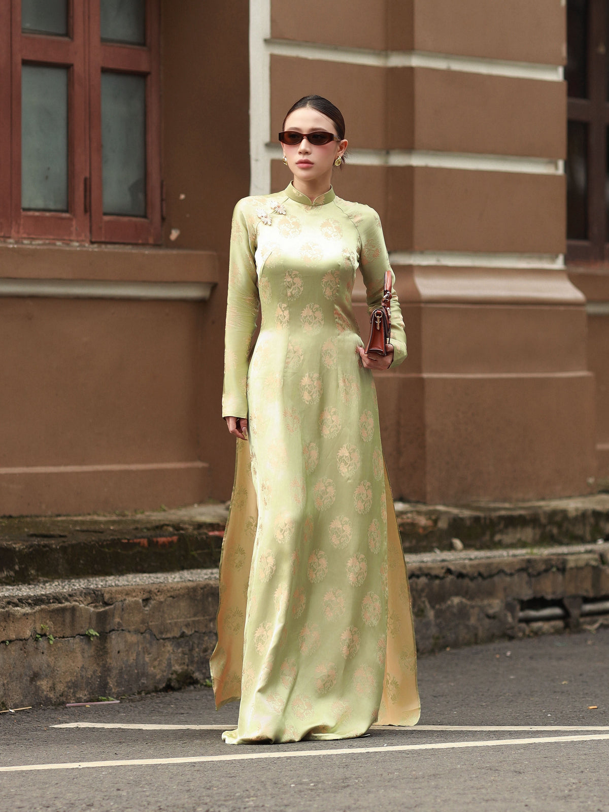 Sage Green Gam Silk Ao Dai Set - Traditional Vietnamese Dress - Lunar New Year