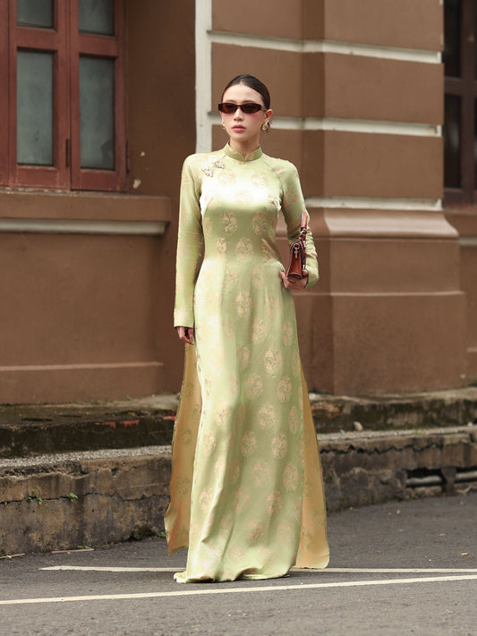 Sage Green Gam Silk Ao Dai Set - Traditional Vietnamese Dress - Lunar New Year