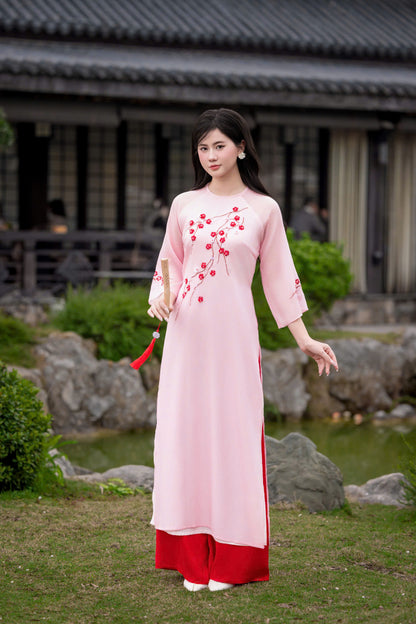 Pink\Cream Modern Ao Dai - Plum Blossom Ao Dai Vietnam