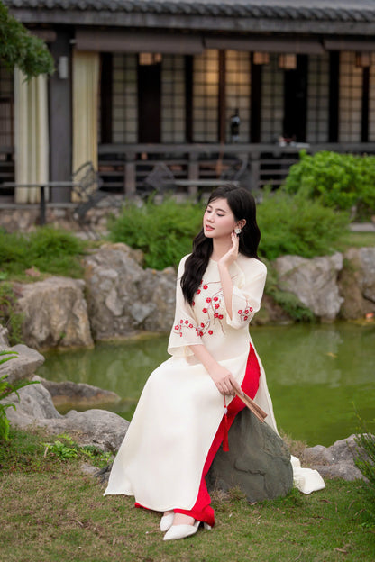 Pink\Cream Modern Ao Dai - Plum Blossom Ao Dai Vietnam