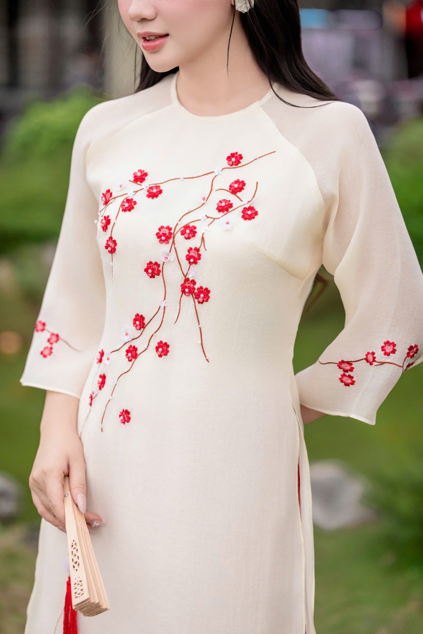 Pink\Cream Modern Ao Dai - Plum Blossom Ao Dai Vietnam