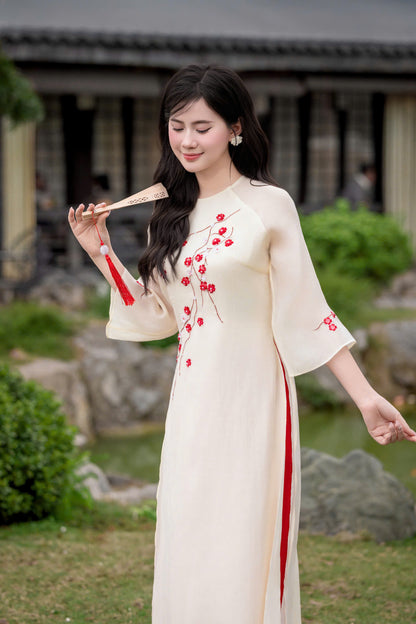 Pink\Cream Modern Ao Dai - Plum Blossom Ao Dai Vietnam