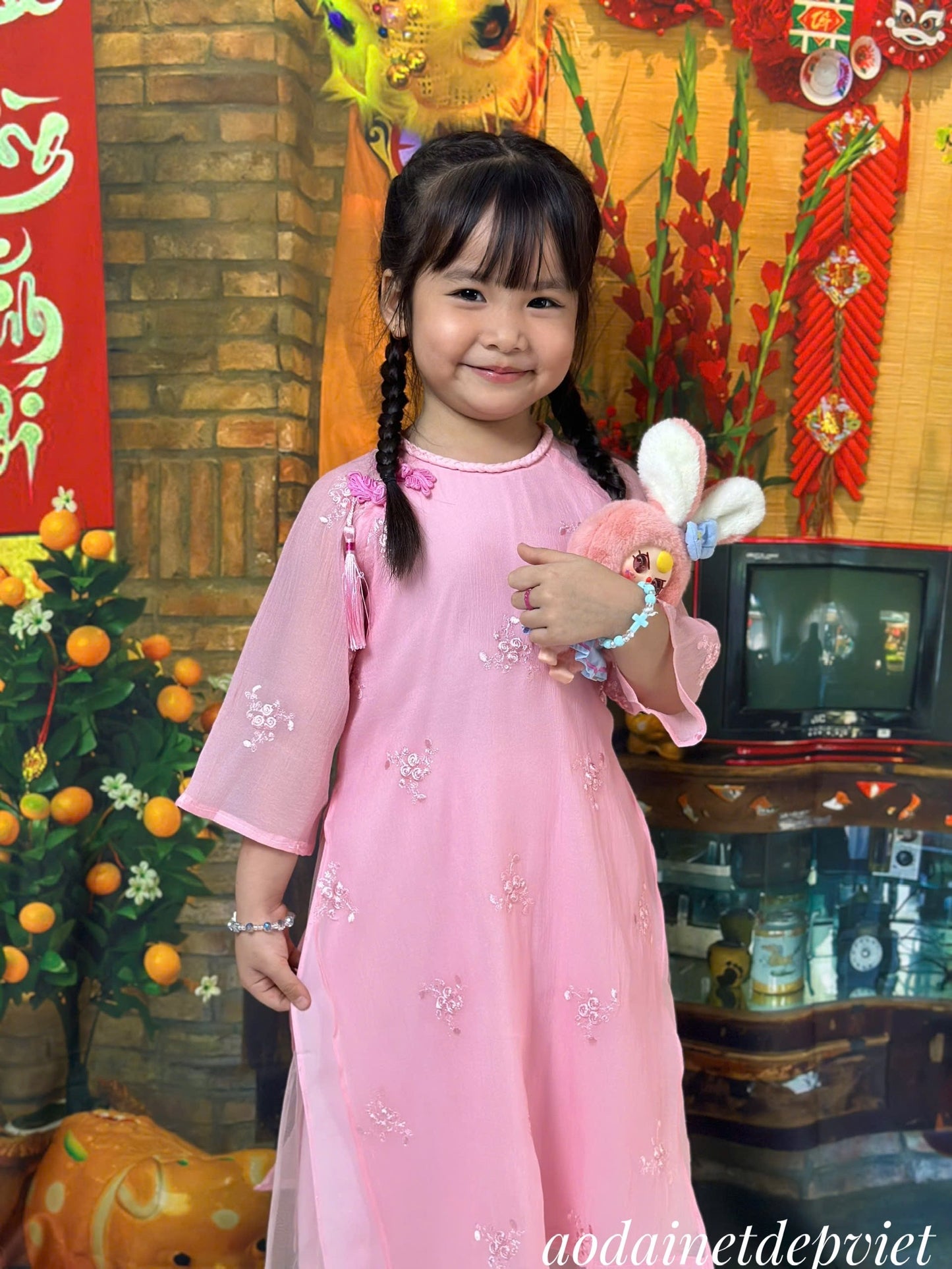 Pink Modern Girl's Ao Dai Set - Ao Dai For Daughter | Ao Dai Tết 2025