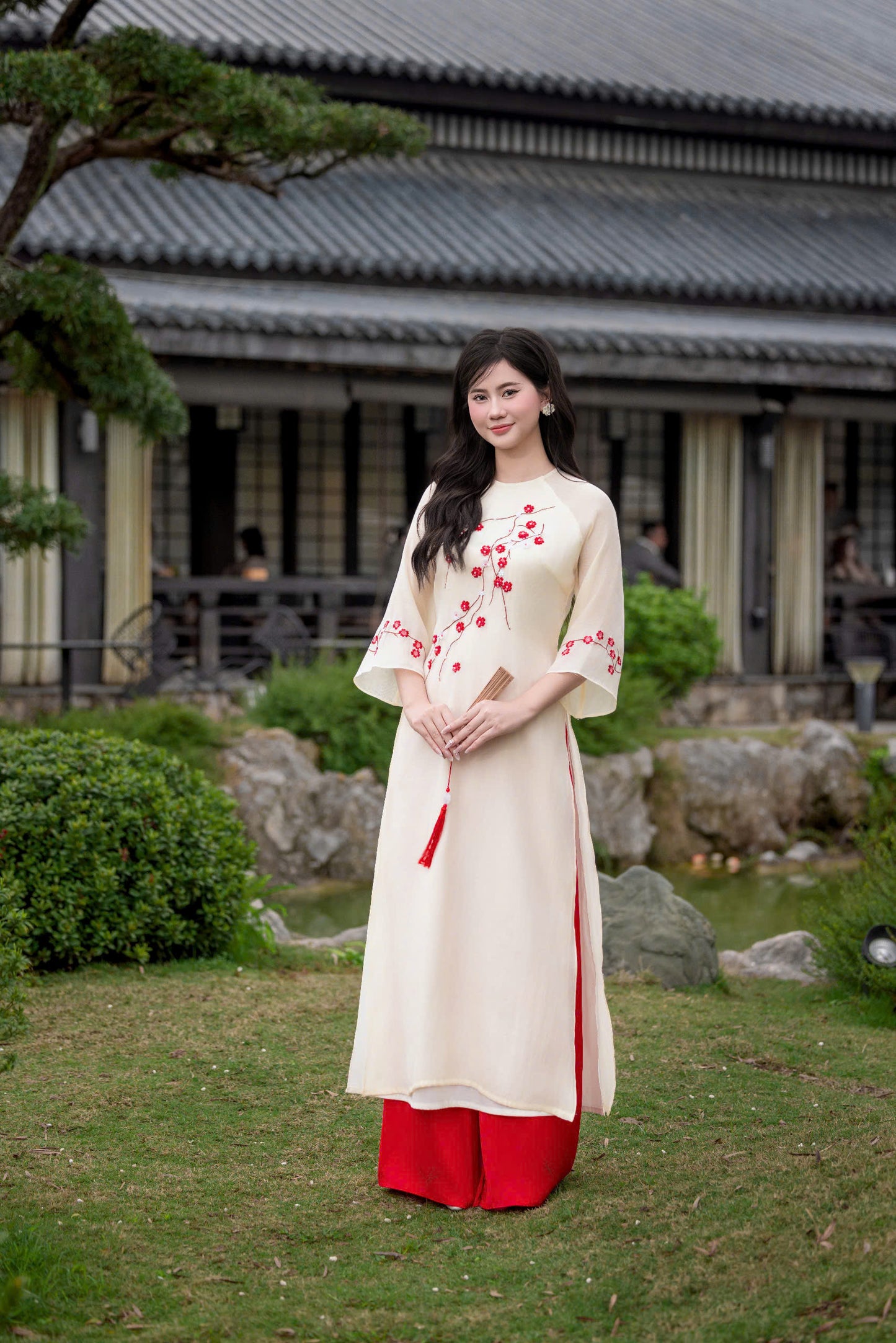 Pink\Cream Modern Ao Dai - Plum Blossom Ao Dai Vietnam
