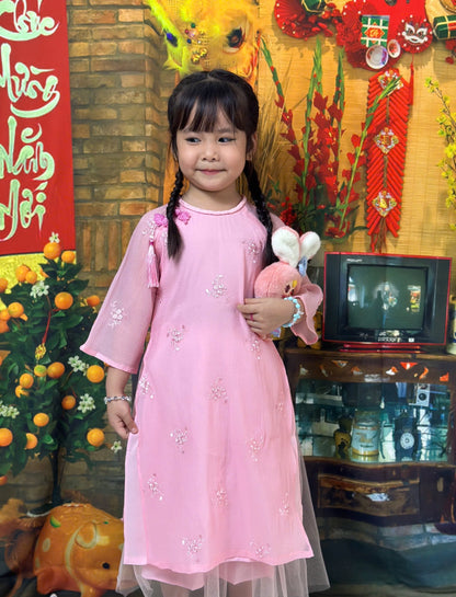 Pink Modern Girl's Ao Dai Set - Ao Dai For Daughter | Ao Dai Tết 2025