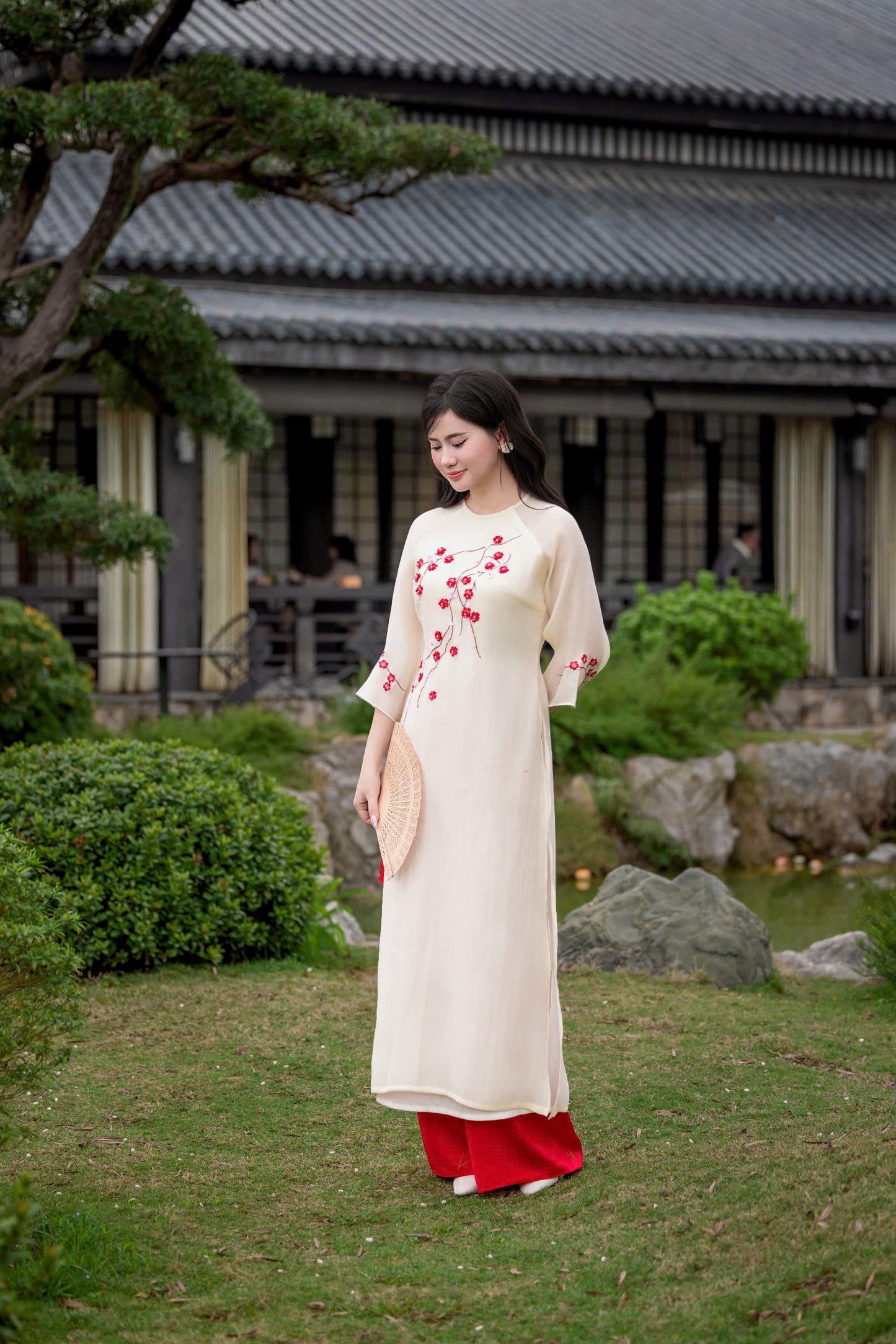Pink\Cream Modern Ao Dai - Plum Blossom Ao Dai Vietnam