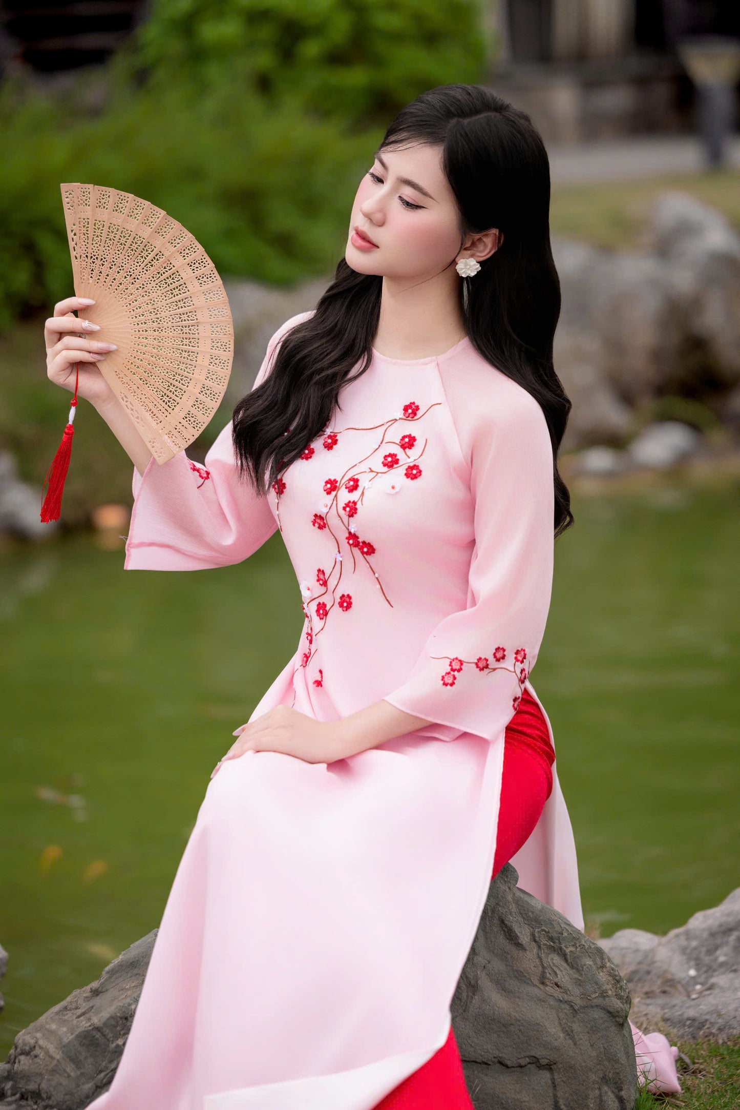 Pink\Cream Modern Ao Dai - Plum Blossom Ao Dai Vietnam