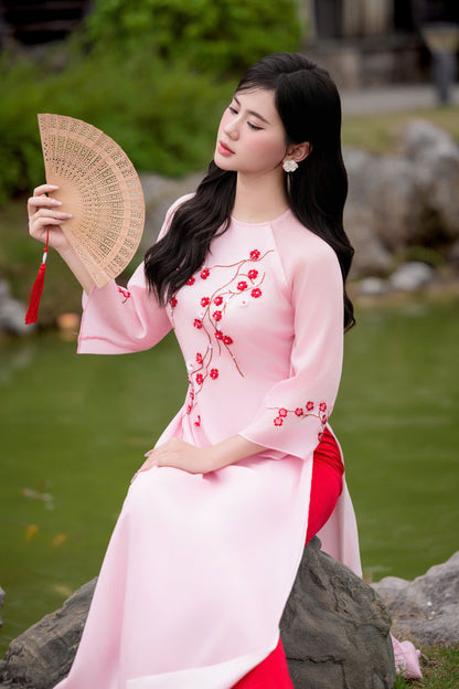 Pink\Cream Modern Ao Dai - Plum Blossom Ao Dai Vietnam