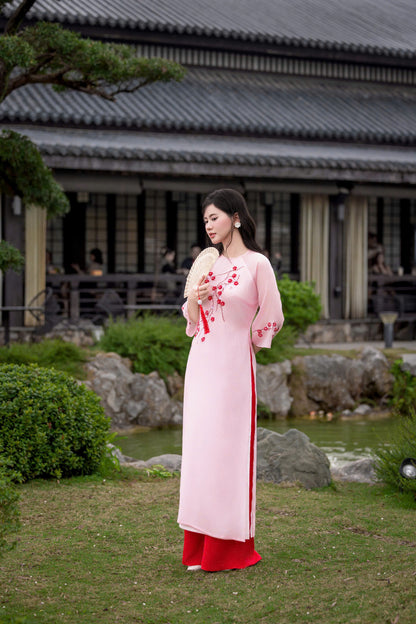 Pink\Cream Modern Ao Dai - Plum Blossom Ao Dai Vietnam