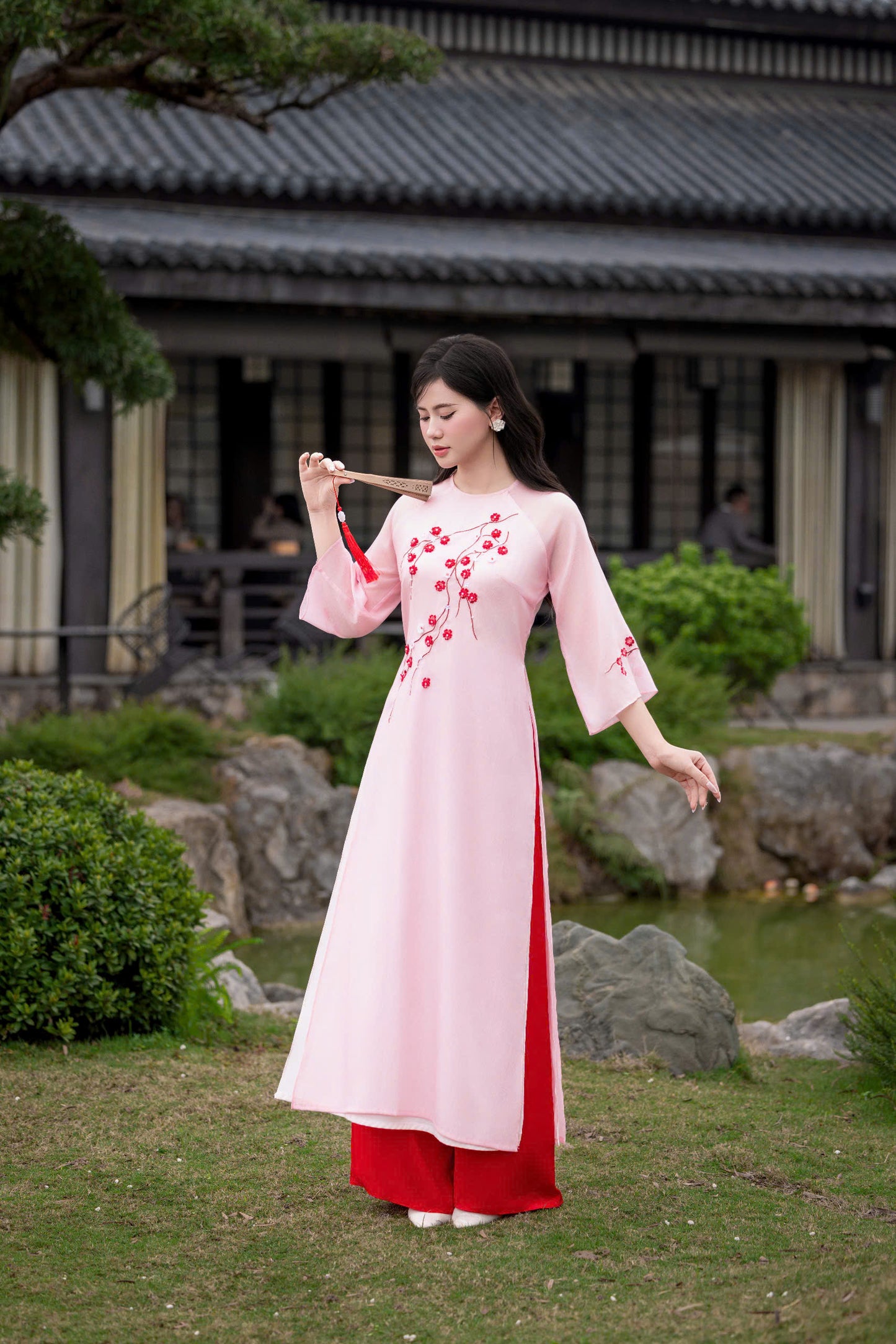 Pink\Cream Modern Ao Dai - Plum Blossom Ao Dai Vietnam
