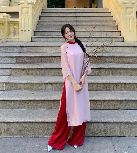 Blue Or Pink Plain Ao Dai For Women - Modern Ao Dai Set